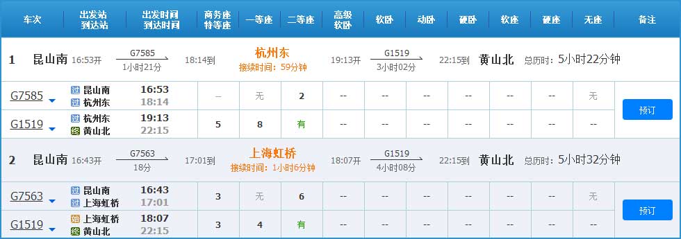 昆山到黃山高鐵列車時刻表