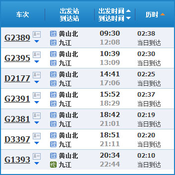 黃山到九江高鐵列車時(shí)刻表