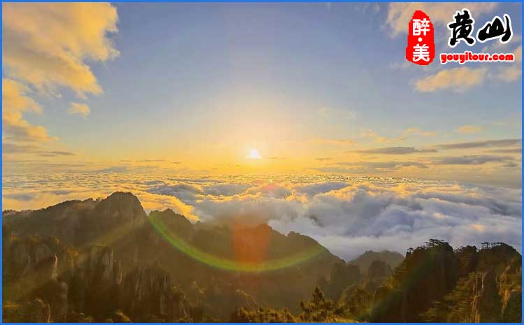 黃山晚霞、云海圖 黃山導游攝